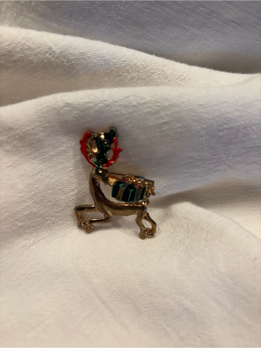 Vintage Gold-tone Reindeer Brooch with Red & Green Enamel